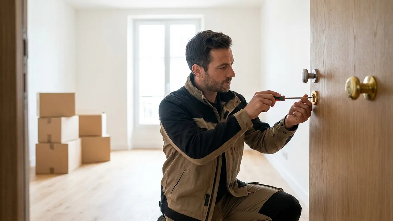 Serrurier remplaçant le cylindre d'une porte dans un appartement en cours d'emménagement à Cachan