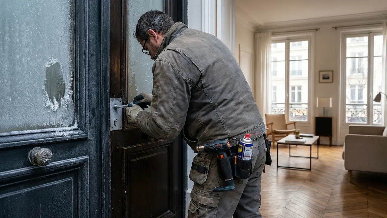 Serrure de porte d'entrée givrée un matin d'hiver sur un pavillon de Cachan